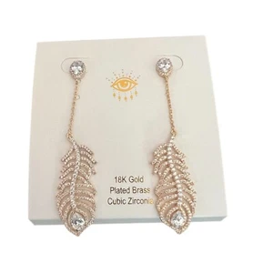 Eye Candy Los Angeles Golden CZ Peacock Feather Drop Earrings - Picture 1 of 6