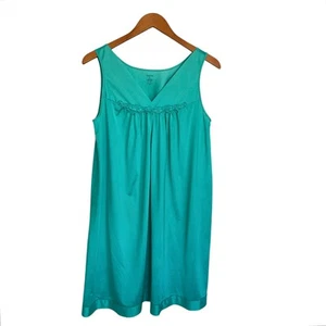 Vanity Fair Teal Green Satin Sleeveless Night Gown Knee Length MED Floral Trim - Picture 1 of 5