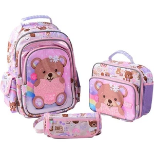 Kids Punk Bear 3-Piece Backpack Set Includes Lunch Bag & Pencil Case Pink/Purple - Picture 1 of 7