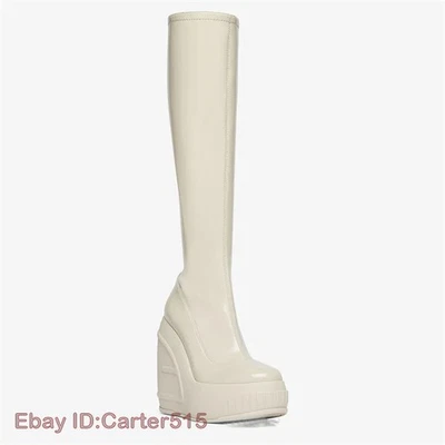 Nuevas botas de tacón de cuña suela gruesa tacón alto hasta la rodilla desfile de moda mujeres Foto 1 de 4