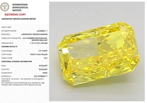 1.01 Radiant Lab Grown Diamond Engagement Ring IGI Fancy Vivid Yellow VS2 - Picture 1 of 10