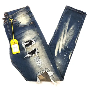 M.Society Men's Size 32X32 Stretch Skinny Fit Blue Faded Denim Distressed Jeans - Picture 1 of 15