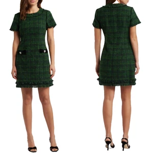 NEW Eliza J Hunter GREEN Metallic TWEED Pockets BOWS Frayed SHEATH DRESS 2 - Picture 1 of 10