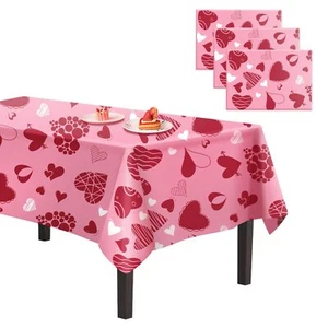Valentines Day Tablecloth Plastic 54x108 Inch 3pack Disposable Pink Heart Tablec - Picture 1 of 7