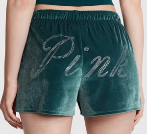 Victoria's Secret PINK VELVET BOXY BOXER PAJAMA SHORTS Green Rhinestone Shine - Picture 1 of 4