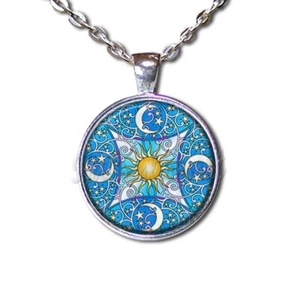 Celestial Moon Sun Stars Spiritual Pattern Handmade Round Glass Pendant Necklace - Picture 1 of 10