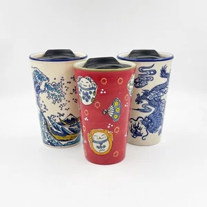 Taza de viaje vaso de cerámica oriental, olas, dragón, gato de la suerte - Imagen 1 de 11
