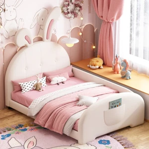 Twin Size Upholstered Rabbit-Shape Princess Bed, Platform Bed w Footboard, White - Picture 1 of 12