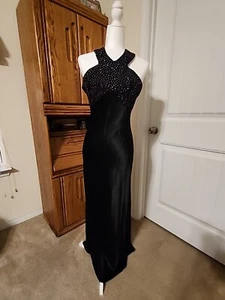 Vintage 90's L.A Glo Black Satin Maxi Gown with Rhinestone Accents Size 9/10 - Picture 1 of 13