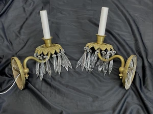 PAIR RESTORED Antique Vtg Crystal Wall Sconces Victorian Art Deco Ornate Brass - Picture 1 of 19