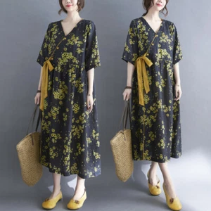 Mujeres Étnico Floral Vestido Largo Algodón Lino Cintura Alta Media Manga De Colección - Imagen 1 de 13