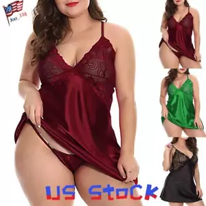 Plus Size Sexy Women Satin Silk Lingerie Lace Robe Dress Babydoll Nightdress US - Picture 1 of 20
