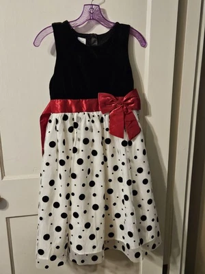 Special Editions girls' sleeveless black velvet and white polkadot dress red bow - Image 1 of 4