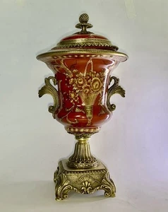 Antique Burgundy Porcelain And Brass Decorative Urn Red/Golden Jar With Lid - Picture 1 of 24