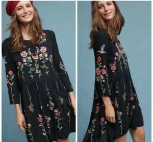Seltene Anthropologie Maeve Allison bestickte Tunika schwarz Kleid Large - Bild 1 von 10