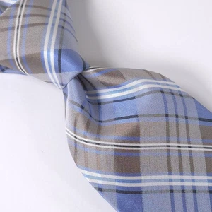 STAFFORD ESSENTIALS Men's All Silk Necktie, Plaid Pattern, Color Brown & Blue. - Picture 1 of 12