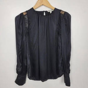 Jonathan Simkhai Blouse Womens Silk Long Sleeve Lace Up Lace Trim Black Size S - Picture 1 of 13