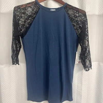 Camisa Lularoe Randy Pequeña Azul con Mangas de Encaje Negras Nueva con Etiquetas LR236 Foto 1 de 4