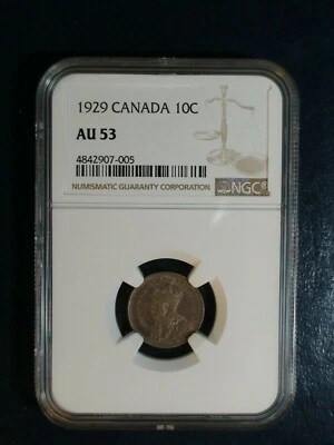 1929 Canada Ten Cents NGC AU53 10C SILVER COIN PRICED TO SELL NOW! - Image 1 of 4