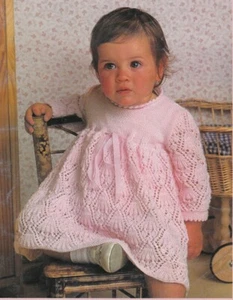 Vintage Baby Knitting Pattern copy Lacy Dress in 3 Ply - Picture 1 of 2