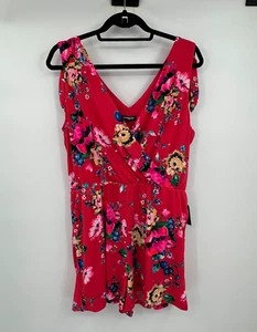 Express Womens Romper L Red Tropical Floral Sleeveless V Neck Casual Pull On New - Picture 1 of 16