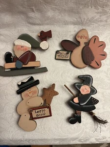 Vintage Holiday Wooden Pins Santa Snowman Witch Turkey - Picture 1 of 3