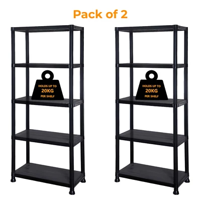 NEW! 2x 5 Tier Black Plastic Heavy Duty Shelving Racking Storage Unit - Image 1 of 4