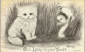 Alte Postkarte Katze Kätzchen Kätzchen und Hund im hohen Gras Künstler Colby verschickt 1910 - Bild 1 von 3