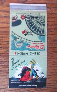 BULLFIGHTING MATCHBOOK COVER: EL MEXICO WASHINGTON, DC 1950s MATCHCOVER -B21 - Picture 1 of 3
