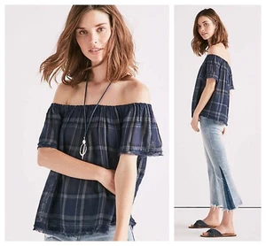 LUCKY BRAND BOHO CHIC THE SHOULDER PLAID RAW EDGE TOP Sz XS NWT $ 70 - Picture 1 of 1