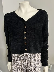 Chelsea & Violet Black Fuzzy Button Down V-neck Warm Crop NWT Sweater Small - Picture 1 of 7