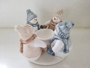 Circle of Friends Snowmen Ceramic Tea Light Candle Holder PENCO 2000 8" x 5" - Picture 1 of 6