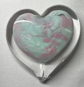 Art Glass Paperweight Heart Pink & Blue Swirl, Signed R. Zhukov 2010 - Picture 1 of 18