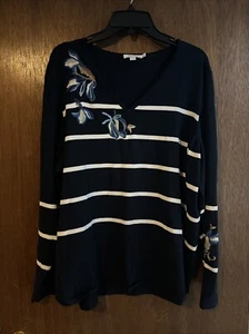 chicos spun rayon stripe v-neck pullover sweater floral embroidery sz 4/xxl  - Picture 1 of 7