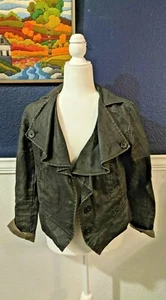 CAbi #901 Waxed 100% Linen Black Cropped Moto Bomber Jacket Sz Small S - Picture 1 of 9