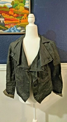 CAbi #901 Waxed 100% Linen Black Cropped Moto Bomber Jacket Sz Small S - Image 1 of 4