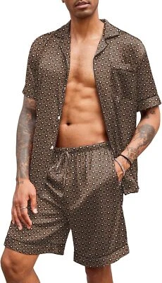 Conjunto de pijama masculino de cetim seda macia botão manga curta camisa bolso solto calça - Imagem 1 de 4