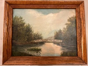 Antique C Harry Allis (1870 - 1938) Painting - Bridge over Pond 1920 - Picture 1 of 5