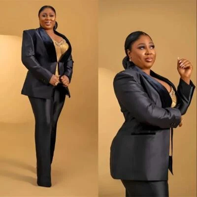 Trajes para mujer talla grande negro satinado graduación 2 piezas fiesta boda damas conjunto Foto 1 de 4