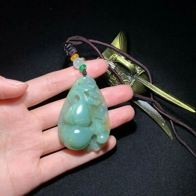 100% Natural Hand-carved Jade Pendant Jadeite Necklace gourd & fish & lotus A142 - Image 1 of 4