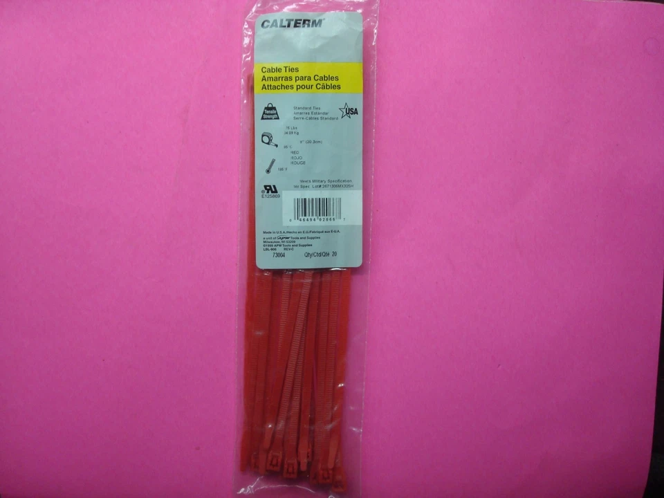 CALTERM 20 QTY 8in RED NYLON CABLE WIRE ZIP TIES 75LB MADE IN USA QUALITY MILITARY SPECS