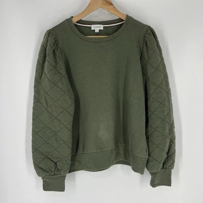 Evereve Sweatshirt Size Large Womens Olive Quilted Puff Sleeve Pullover Crew - Image 1 of 4