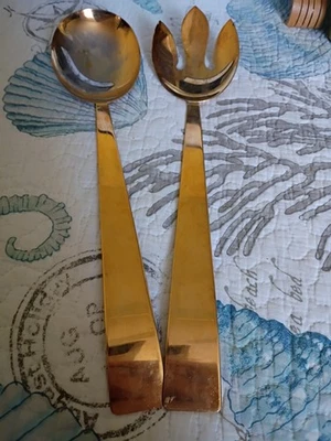 Cuchara y tenedor para servir electrochapados en oro de 12" 24K vintage  Foto 1 de 4