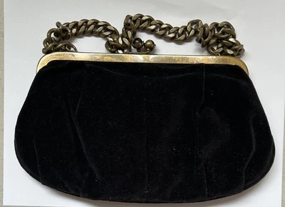 J Crew Black Velvet Velour Style Evening Purse KISS Lock Brass Tone Chain Handle - Image 1 of 4