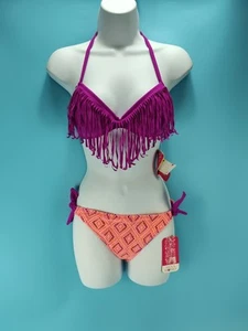 Traje de baño Hula Honey para mujer 2 piezas bikini talla M púrpura naranja con flecos nuevo con etiquetas - Imagen 1 de 11