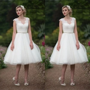 Gorgeous Wedding Dresses Lace V Neck Sleeveless Tulle A Line Short Bridal Gowns - Picture 1 of 9