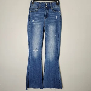 No Boundaries Junior Distressed Flare Leg Raw Hem Double Button Jeans Gr. 3 blau - Bild 1 von 11