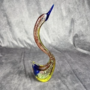 Vintage Murano Glass Art Bird Sculpture Italy Silver Flecks Blue Yellow Figurine - Picture 1 of 8