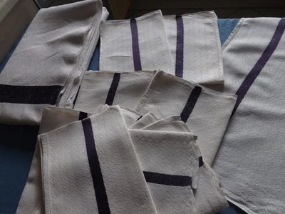 RARE, nappe (3.15 m) + 12 serviettes en lin, liteaux bleues foncé, fin 19éme - Photo 1/4