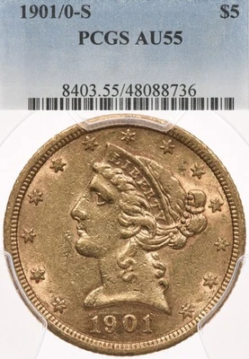 1901/0-S $5 PCGS AU 55 Liberty Gold Half Eagle Overdate Error - Image 1 of 4